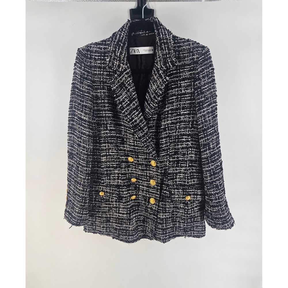 Zara Blazer Womens Medium Black White Tweed Double Breasted Gold Button Academia
